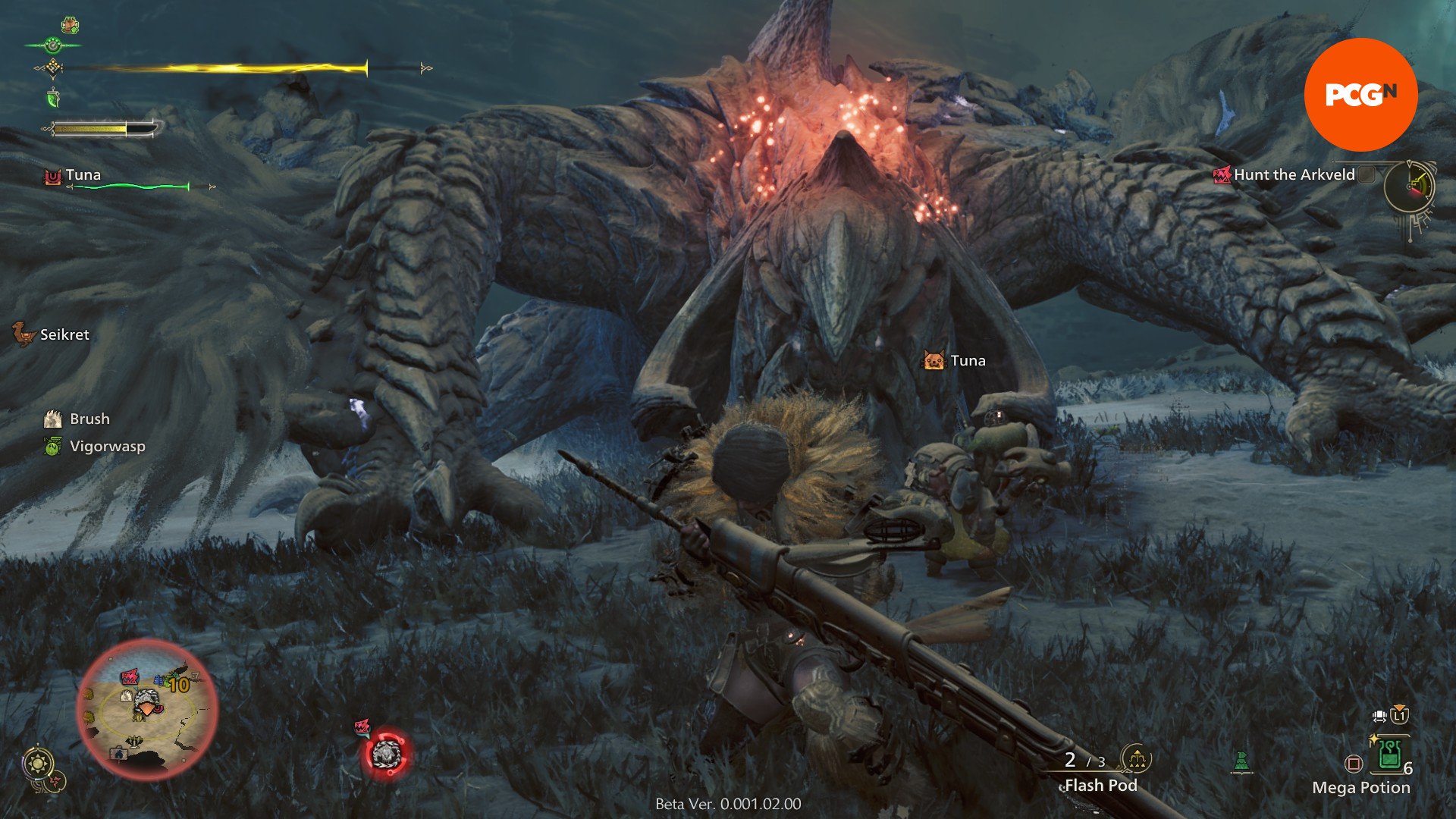 Monster Hunter Wilds beta - A player with a Longsword takes on Chained Arkveld.