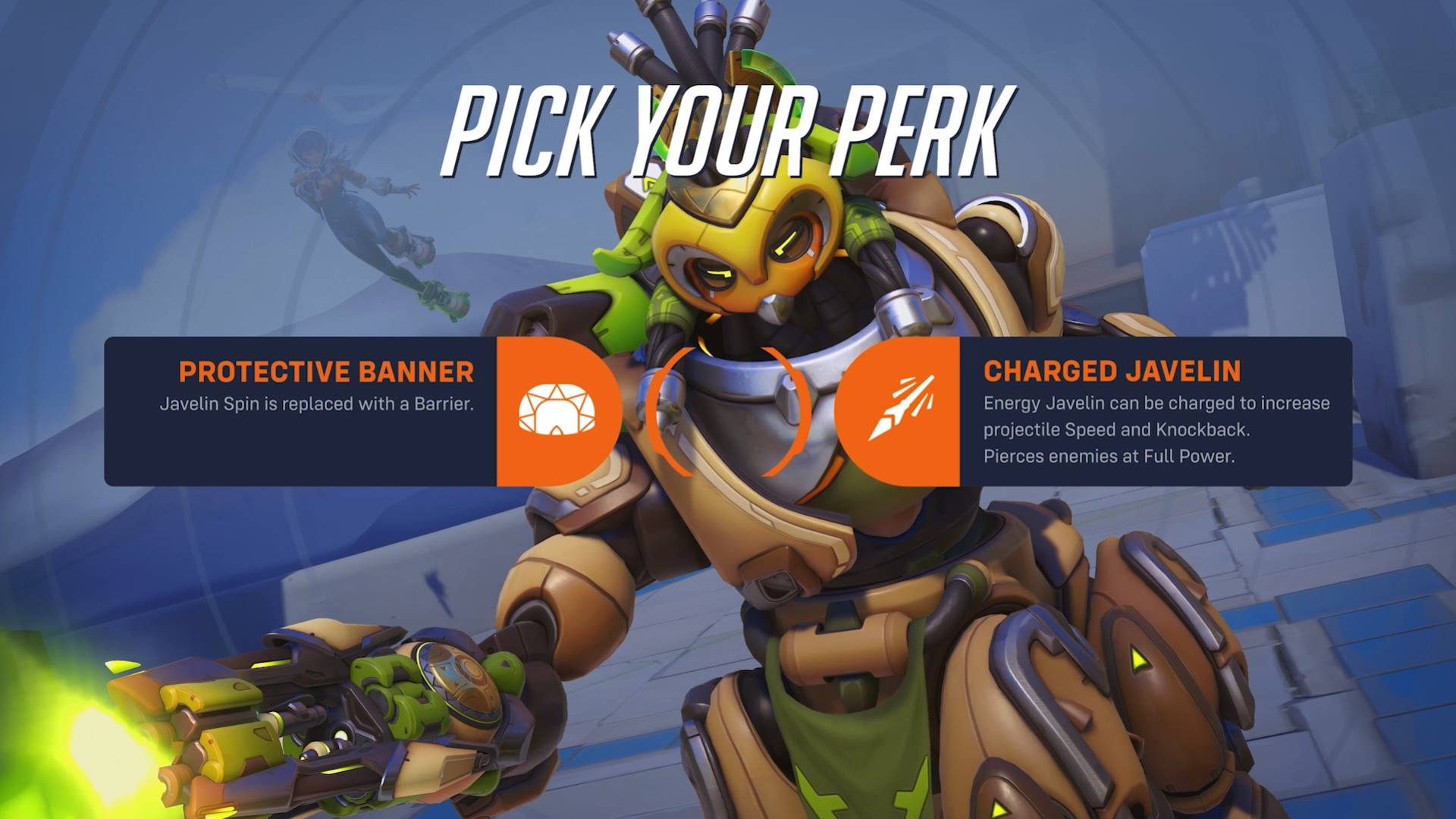 Orisa from Overwatch next to two perks, one enhancing her javelin and the other granting her a shield