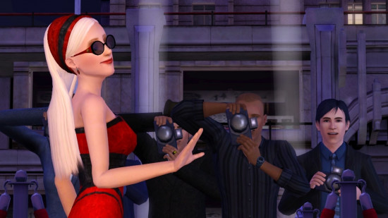 Several photographers taking pictures of a female celebrity in The Sims.