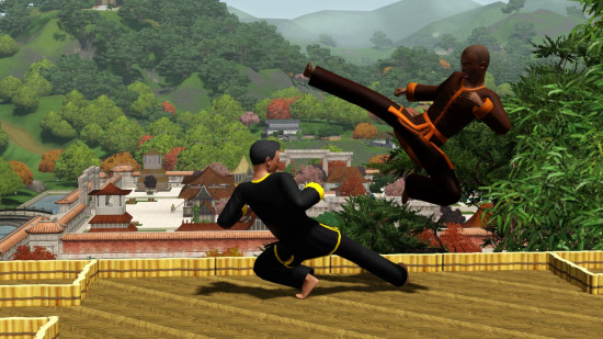 Two men fighting with martial arts in The Sims.