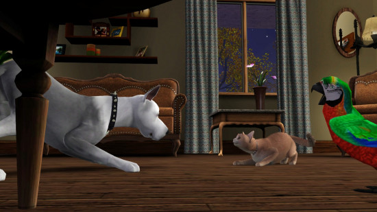 A cat and dog fighting in The Sims.