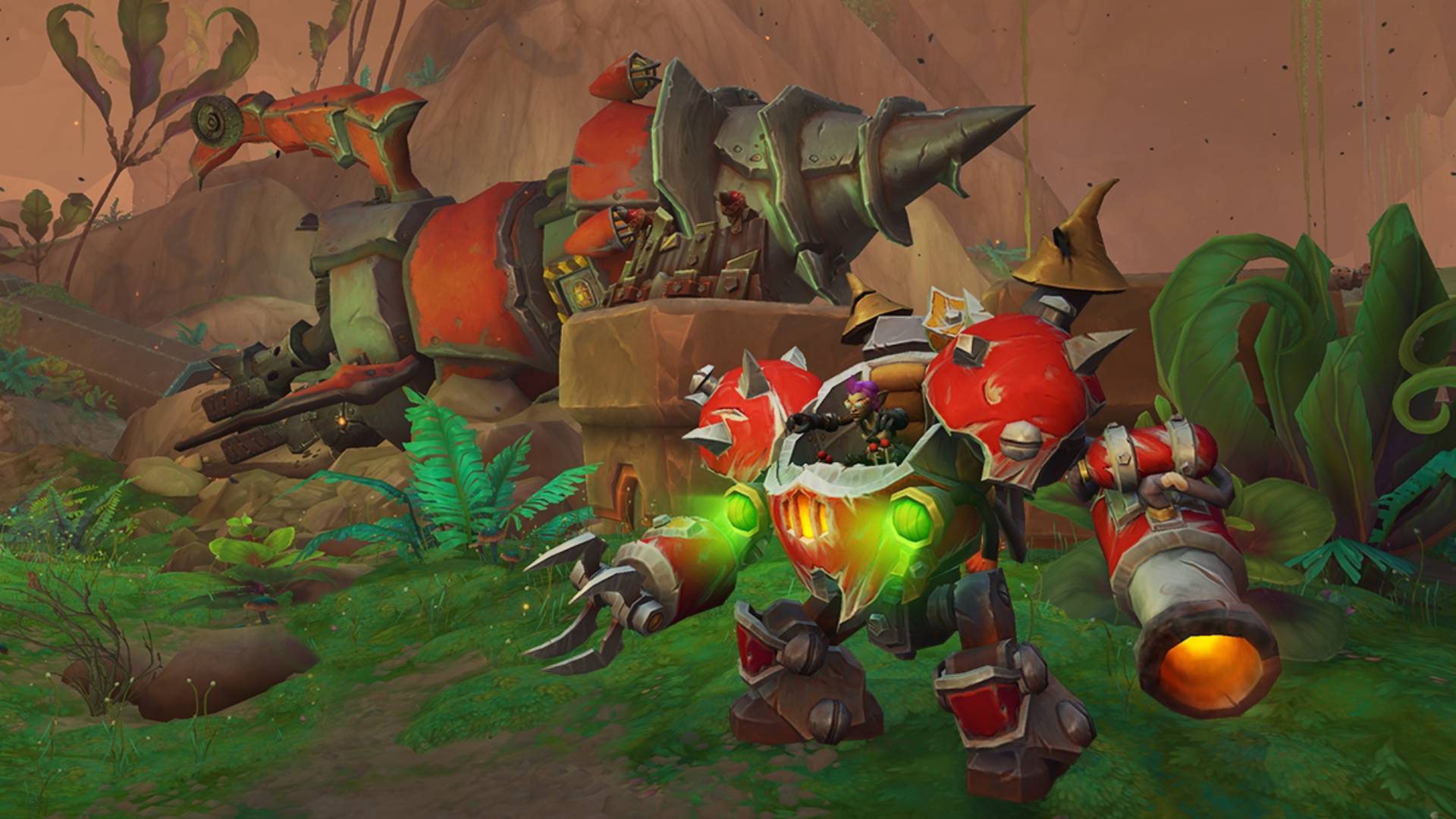 An image of a small goblin in a red mech standing in front of a huge drill