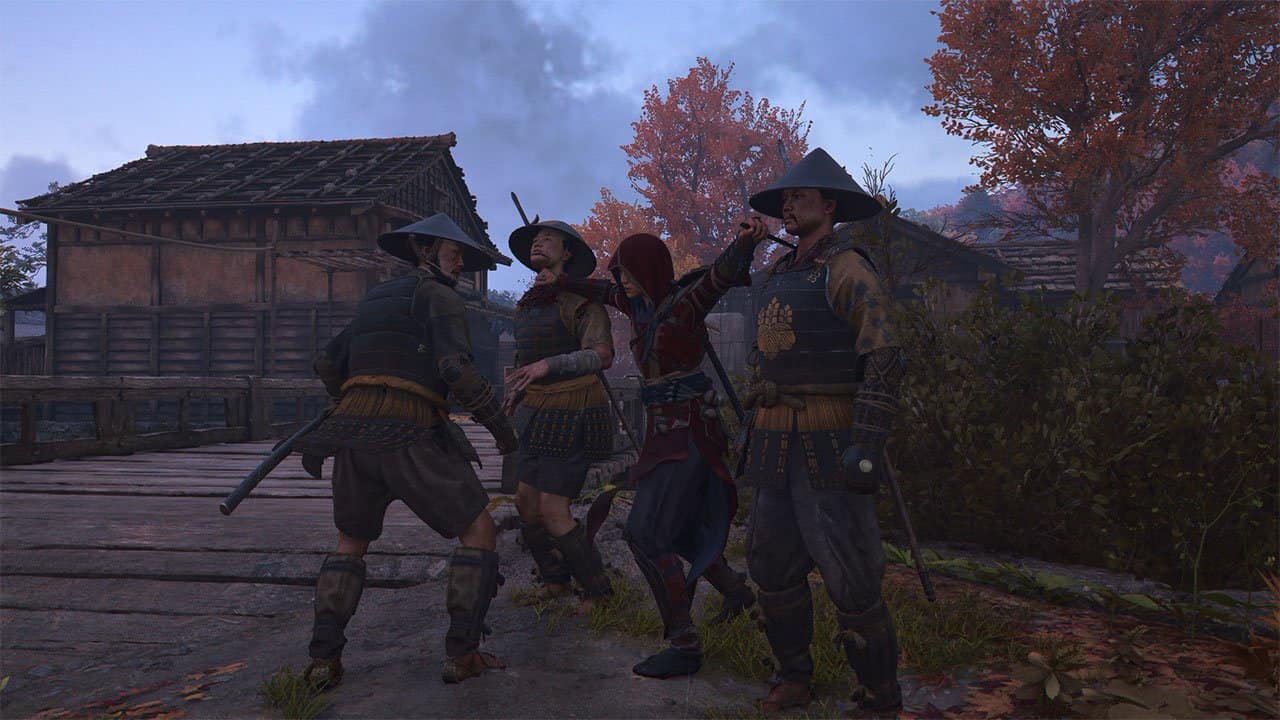 An image showing Naoe perform an assassination against two targets in AC Shadows