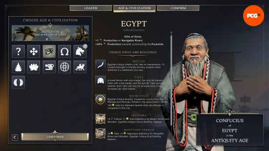 The start of one of the best Civ 7 civ builds, consisting of Confucius as leader, and Egypt as the starting civ for the Antiquity Age.