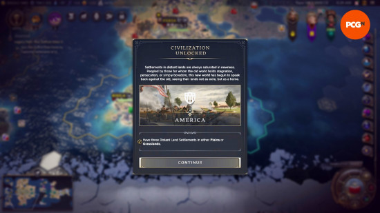 Best Civilization 7 civs: An in-game pop-up shows that the player has unlocked America as a Modern Age civ by having three distant settlements in Plains or Grasslands.