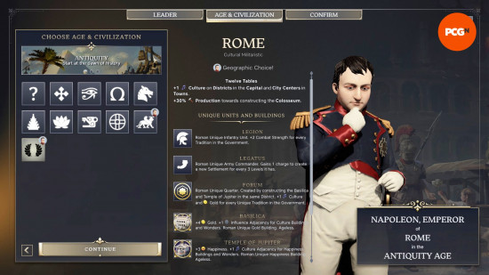 The stats page for Rome, one of the best Civilization 7 Civs.