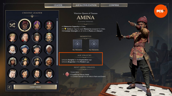 Best Civilization 7 civs unlocks: Amina, one of the Civ 7 Leaders, and the Civ 7 civs she unlocks in different Ages.