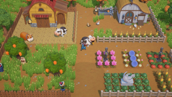 A player tends to their livestock in their farm in Coral Island, one of the best farming games.