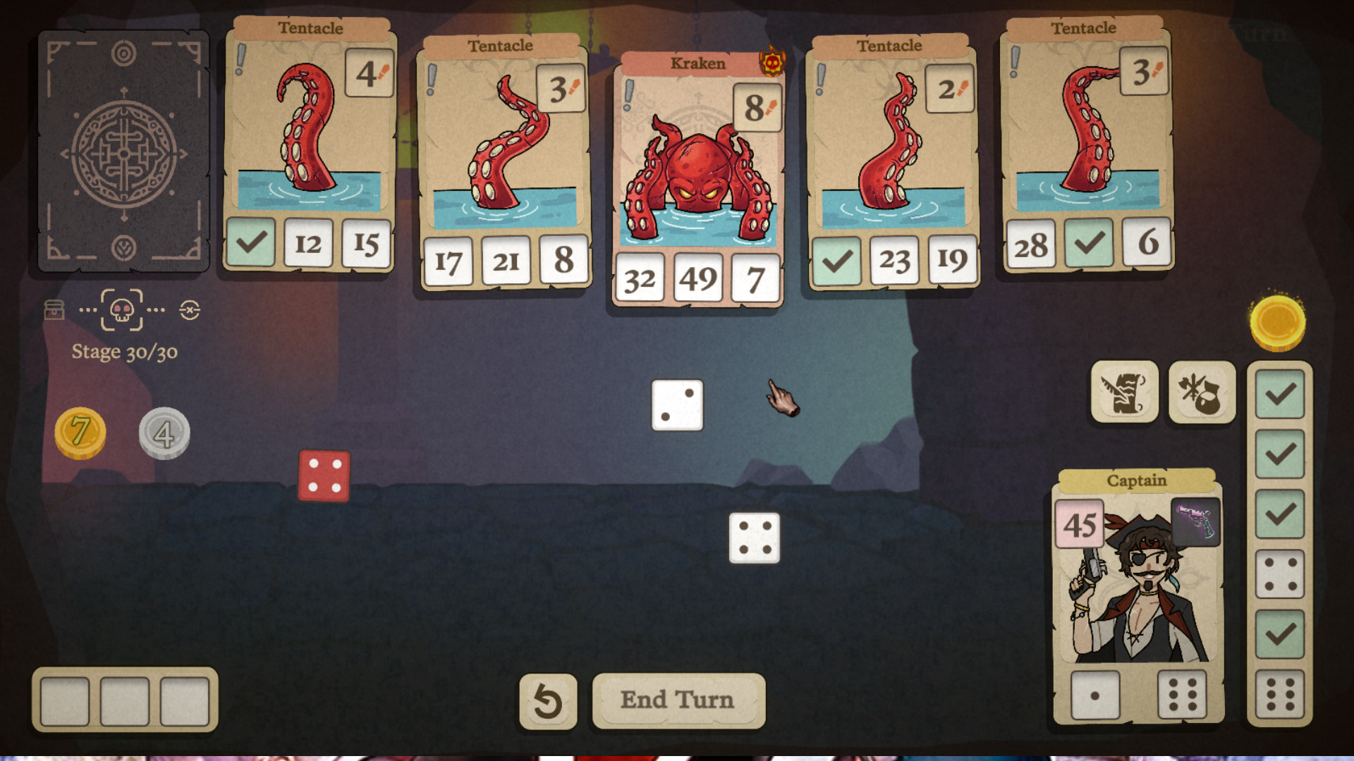 Dice and Fold pirates update - The Captain fights the mighty Kraken in the roguelike strategy game.