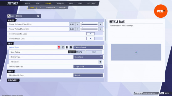 Marvel Rivals crosshair codes how to import: the settings UI