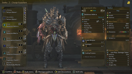 Monster Hunter Wilds Insect Glaive: a man stands in a suit of heavy metal armor.