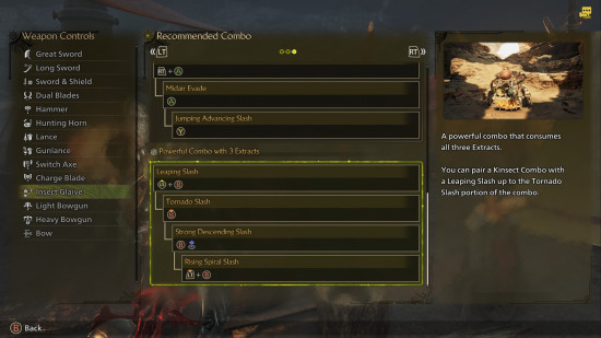 Monster Hunter Wilds Insect Glaive: a screen showing the button inputs required to pull off attacks in the game Monster hunter Wilds.