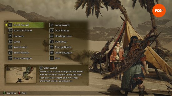 menu showing weapon selection of the great sword in monster hunter wilds