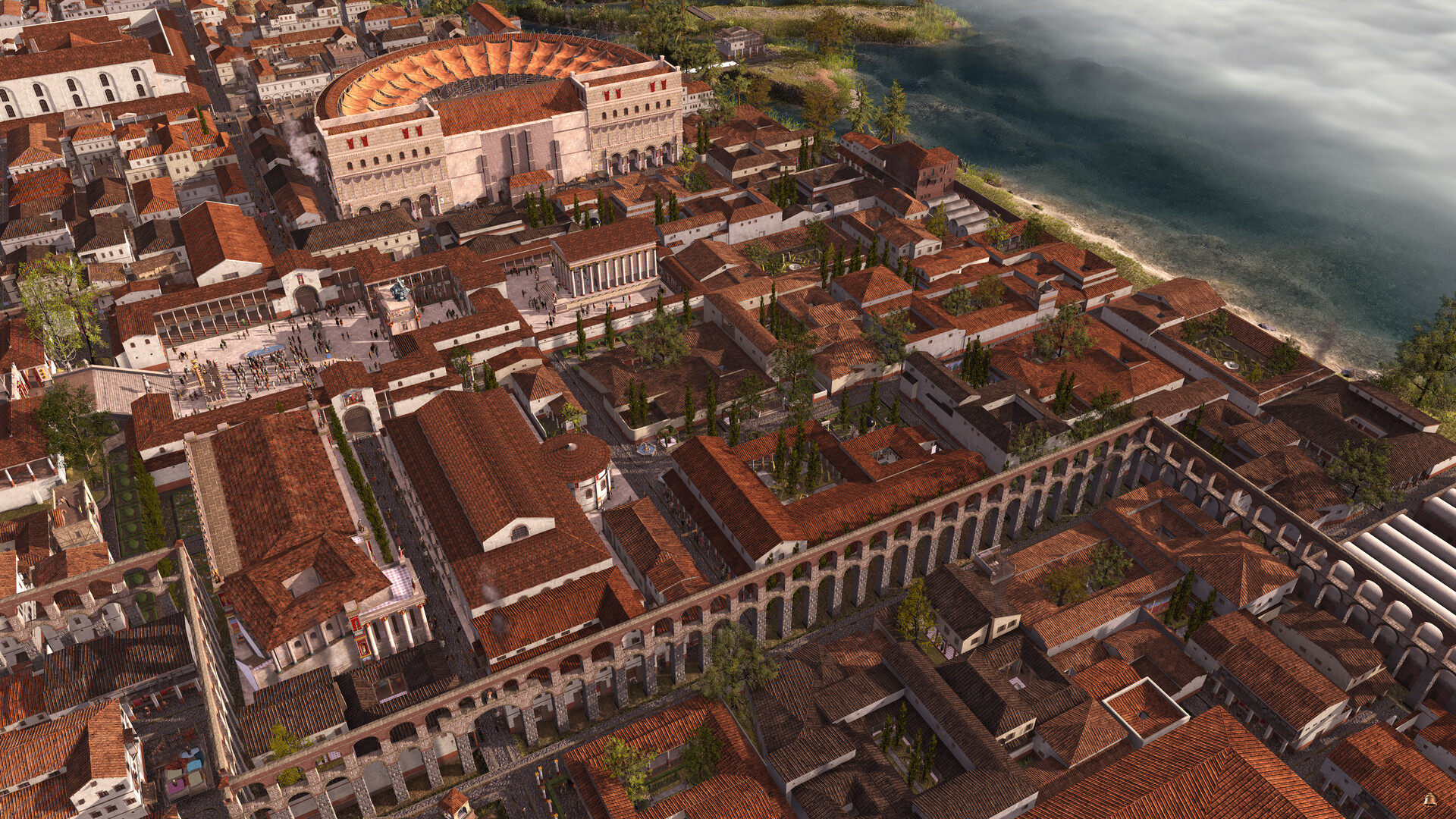 An image of a virtual roman settlement viewed from the sky, the sea lapping at the shores