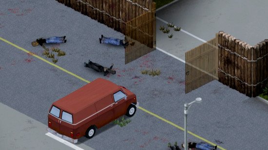 A red van approaches an open double gate in Automatic Gates, one of the best Project Zomboid mods.