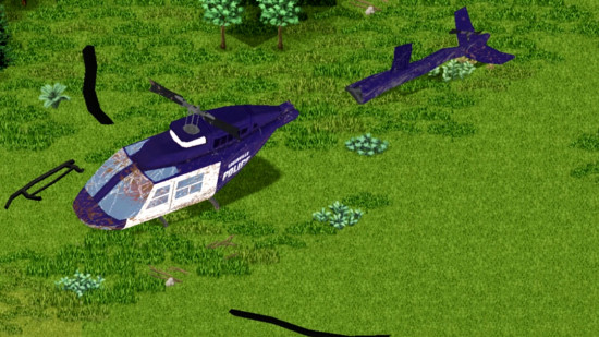 A police helicopter lies broken on the ground in the Expanded Helicopter events Project Zomboid mod.