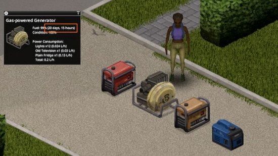 A player character stands next to a generator, as the ui shows the fuel time remaining thanks to Generator Time Remaining, one of the best Project Zomboid mods.