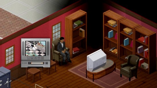 A character sits on an armchair watching the television in Tv and Radio Reimagined, one of the best Project Zomboid mods.