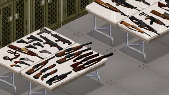 A vast range of guns are laid out on a table in Vanilla Firearms Expansion, one of the best Project Zomboid mods.