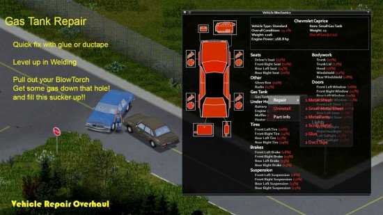 A large vehicle UI overlay appears next to a broken down car, showing all the options available in Vehicle Repair Overhaul, one of the best Project Zomboid mods.