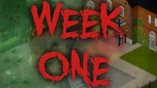 The words 'Week One', in a bright-red horror game font, dominate an image of PZ, promoting one of the best Project Zomboid mods.