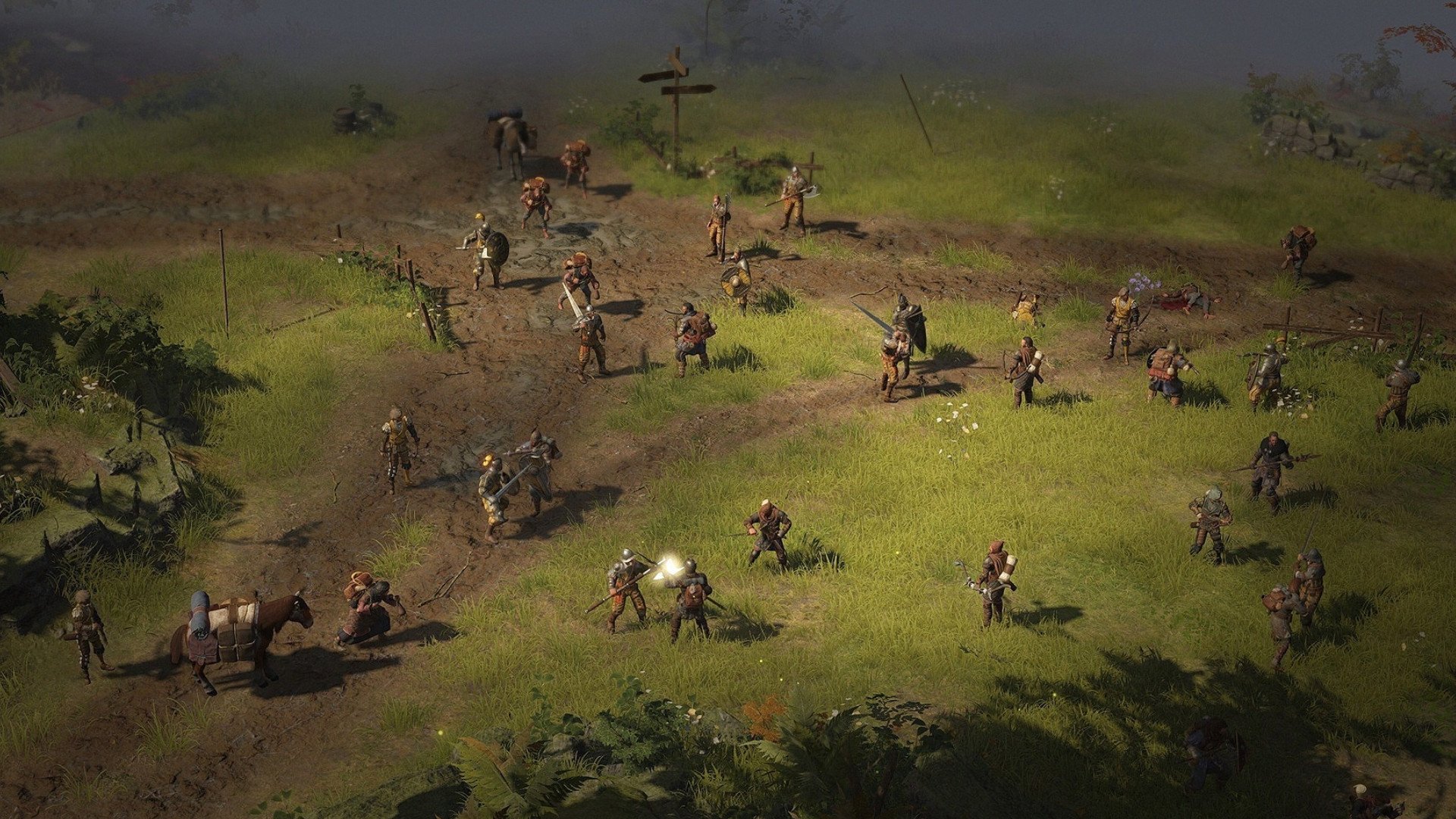 Wartales - A large-scale fight along a road in the medieval RPG.